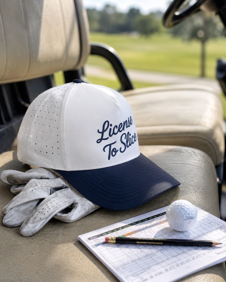 License To Slice cap on a golf cart seat with a glove, ball, and scorecard